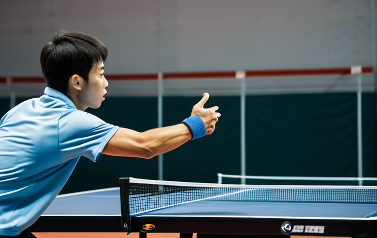 A focused professional table tennis player, mid-action, executing a powerful forehand shot with perfect technique. The player is in a dynamic, natural pose, wearing modest, professional athletic attire. The scene is set in a modern, well-lit table tennis arena, with a blurred opponent or background to emphasize the player's action. The image captures the fluid arc of the arm, the precise wrist flick, and the athletic body rotation, emphasizing control and power. High-resolution, professional sports photography, perfect anatomy, correct proportions, well-formed hands, proper finger count, natural body proportions, fully clothed, appropriate attire, safe for work, professional, family-friendly.