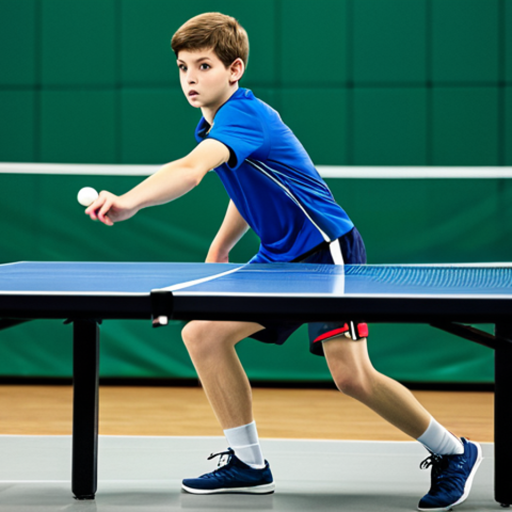 The Perfect Stance**

"A young, fully clothed French athlete in appropriate athletic attire, practicing their table tennis stance in a modern gymnasium. Focus on dynamic footwork, balanced posture, and anticipation of the ball. Safe for work, professional sports photography, perfect anatomy, natural proportions, family-friendly. Modest clothing, appropriate content."

**