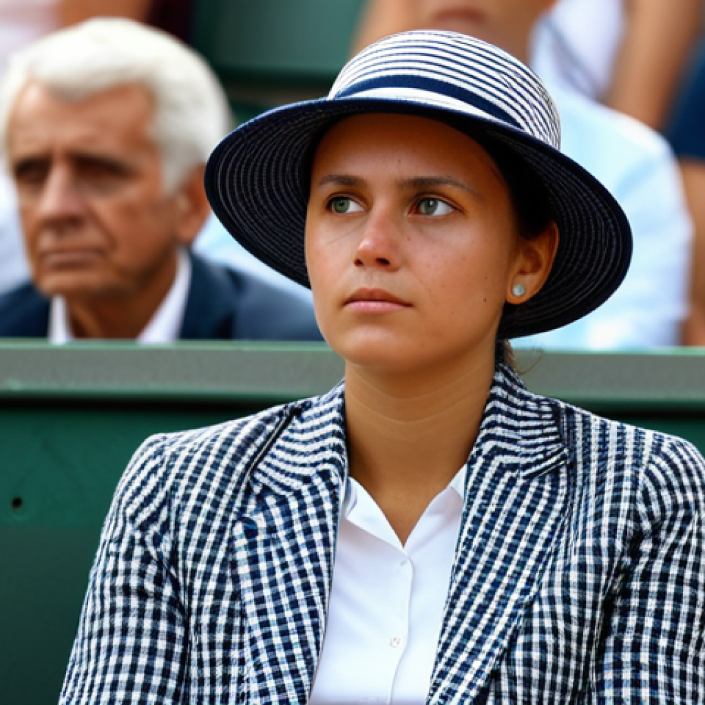 Respectful Spectator**

A fully clothed spectator in modest attire, focused intently on the tennis match, sitting respectfully in the stands at Roland Garros. Background shows a blurred view of the court and other spectators. Safe for work, appropriate content, professional setting, perfect anatomy, natural proportions, high quality.

**