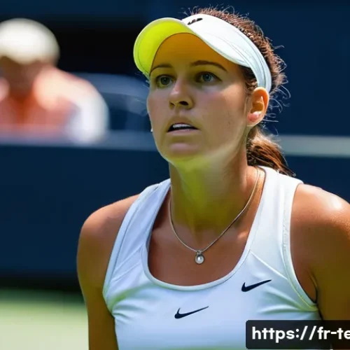 테니스와 멘탈 관리 - **Prompt:** A female professional tennis player, in her mid-20s, standing at the baseline between po...