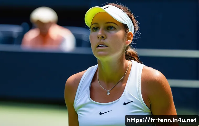 테니스와 멘탈 관리 - **Prompt:** A female professional tennis player, in her mid-20s, standing at the baseline between po...