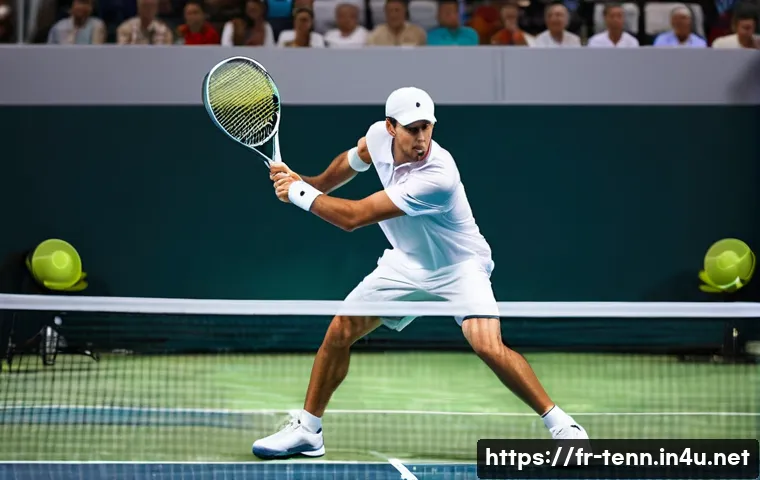 테니스 실내와 실외 경기 차이 - **Indoor Tennis: Focused Intensity**
    A professional male tennis player, mid-action, hitting a po...