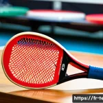 Home 21 탁구 라켓 가격 비교 - A detailed close-up image of a professional table tennis racket resting on a wooden table in a brigh...