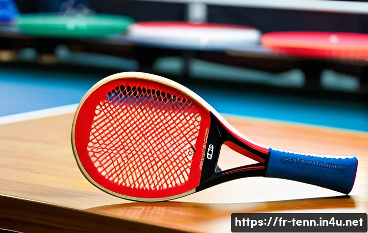 탁구 라켓 가격 비교 - A detailed close-up image of a professional table tennis racket resting on a wooden table in a brigh...