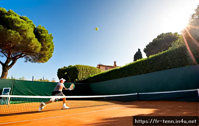 테니스 스핀 서브 연습법 - Photorealistic tennis coaching scene on a clay court in southern France, athletic adult player pract...