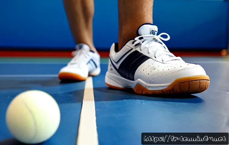 탁구 신발과 바닥 마찰력 - Photorealistic close-up of a table tennis player’s clean indoor court shoes making a sharp lateral s...