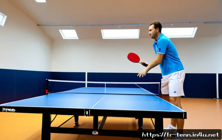 탁구 랠리 연습 도구 - Photorealistic French table tennis club interior, focused adult player practicing forehand rallies a...