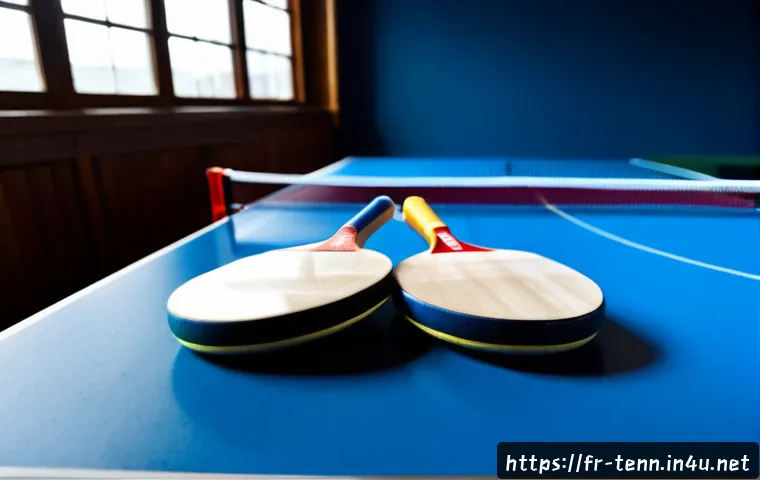탁구 라켓 무게와 성능 비교 - Photorealistic comparison scene of three unbranded table tennis paddles arranged side by side on a c...